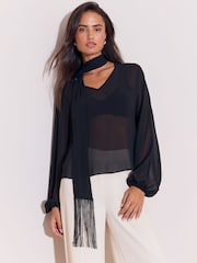 Lipsy Black V-Neck Voluminous Blouse With Detachable Fringe Scarf - Image 1 of 5