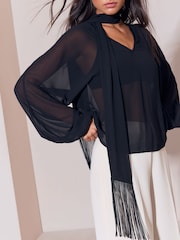 Lipsy Black V-Neck Voluminous Blouse With Detachable Fringe Scarf - Image 2 of 5