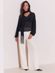 Lipsy Black V-Neck Voluminous Blouse With Detachable Fringe Scarf - Image 3 of 5