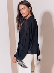 Lipsy Black V-Neck Voluminous Blouse With Detachable Fringe Scarf - Image 5 of 5