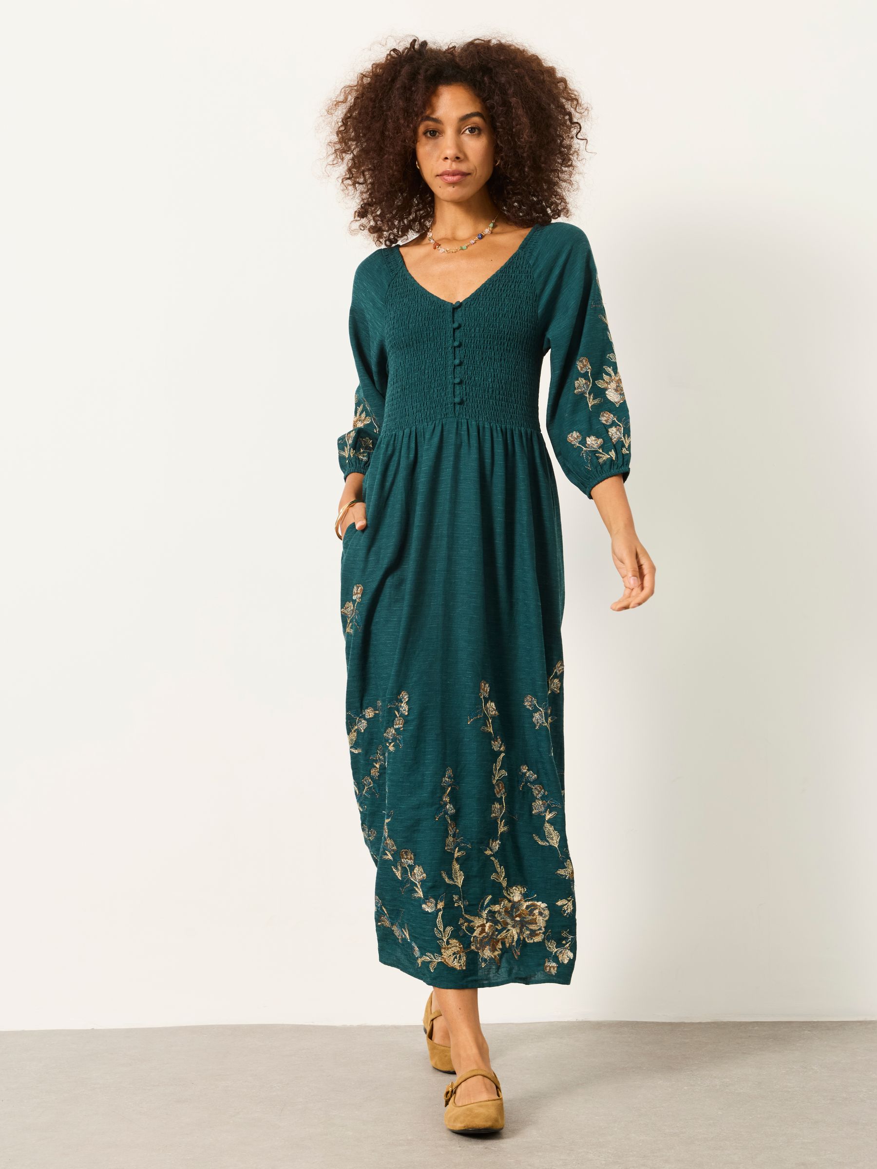 Fatface Women's Teal Blue Adele Petite Metallic Embroidered Midi Dress