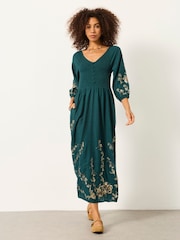 FatFace Adele Teal Blue Petite Metallic Embroidered Midi Dress - Image 1 of 8