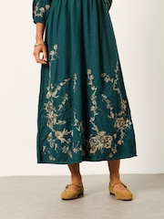 FatFace Adele Teal Blue Petite Metallic Embroidered Midi Dress - Image 5 of 8