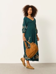 FatFace Adele Teal Blue Petite Metallic Embroidered Midi Dress - Image 6 of 8