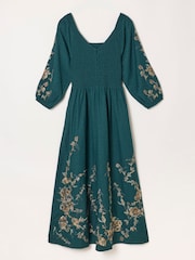 FatFace Adele Teal Blue Petite Metallic Embroidered Midi Dress - Image 7 of 8