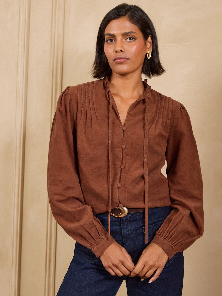 Love & Roses Cinnamon Brown Long Sleeve Pintuck Cord Top - Image 1 of 5
