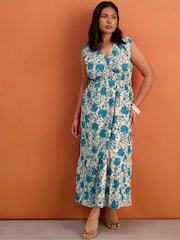 Live Unlimited Blue Floral Print Cotton V-Neck Ruched Maxi Dress - Image 1 of 5