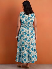 Live Unlimited Blue Floral Print Cotton V-Neck Ruched Maxi Dress - Image 3 of 5