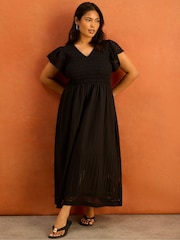 Live Unlimited Black Petite Shirred Broderie Midi Dress - Image 3 of 5