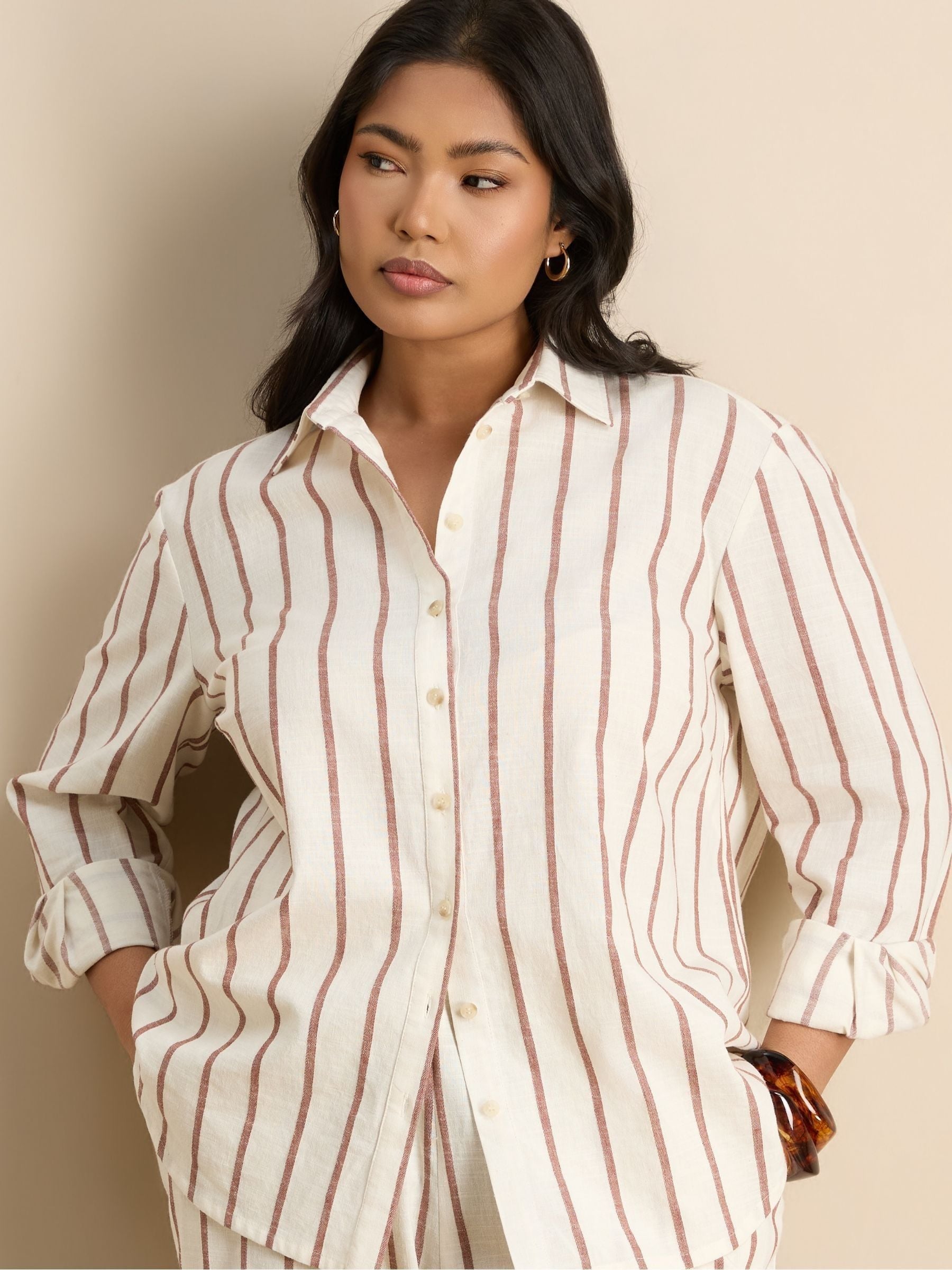 Buy Live Unlimited Cream Striped Linen Blend Long Sleeve Shirt
