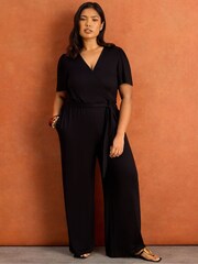 Live Unlimited Black V-Neck Wrap Flutter Sleeve Jersey Jumpsuit - Image 1 of 6