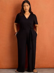 Live Unlimited Black V-Neck Wrap Flutter Sleeve Jersey Jumpsuit - Image 4 of 6