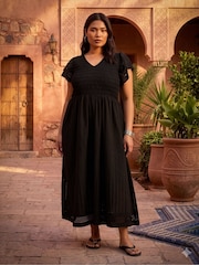 Live Unlimited Black Shirred Broderie Midi Dress - Image 1 of 6