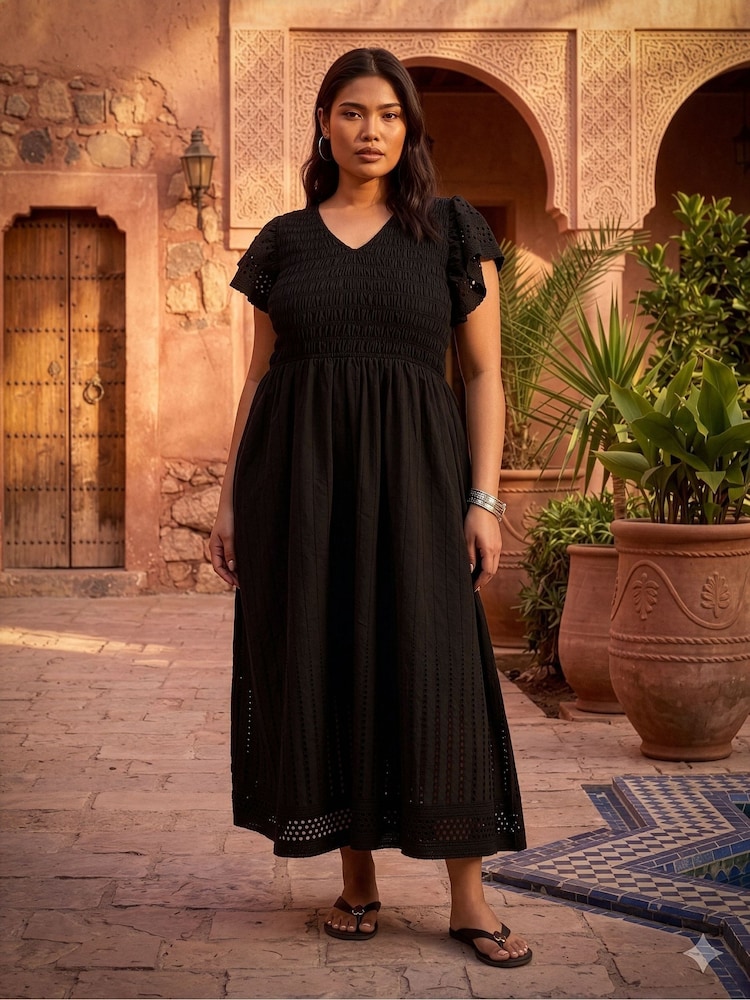 Live Unlimited Black Shirred Broderie Midi Dress - Image 1 of 6