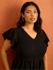 Live Unlimited Black Shirred Broderie Midi Dress - Image 3 of 6
