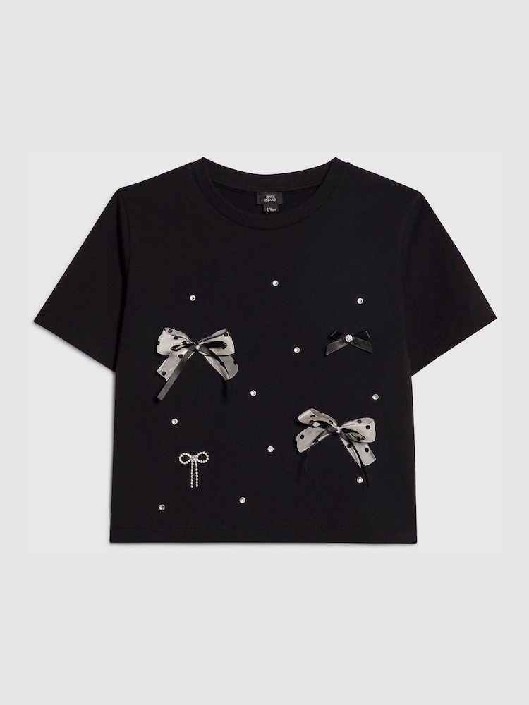 River Island Black Bow Charm T-Shirt - Image 1 of 4