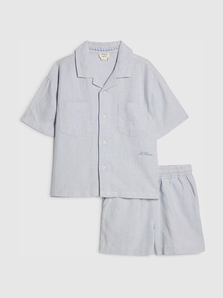 River Island Blue Long Sleeve Linen Shirt & Shorts Set - Image 1 of 5