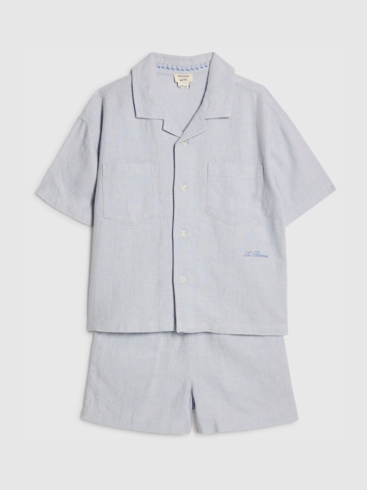 River Island Blue Long Sleeve Linen Shirt & Shorts Set - Image 2 of 5