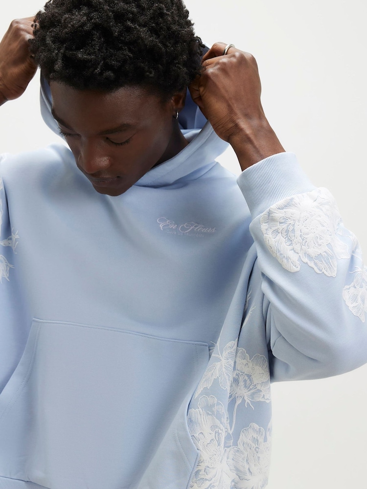 River Island Blue Oversized Floral Cabbages & Roses Hoodie - Image 4 of 4