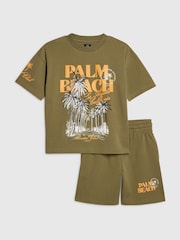 River Island Green Oversized Palm Beach Graphic T-Shirt & Shorts Set - Image 1 of 4