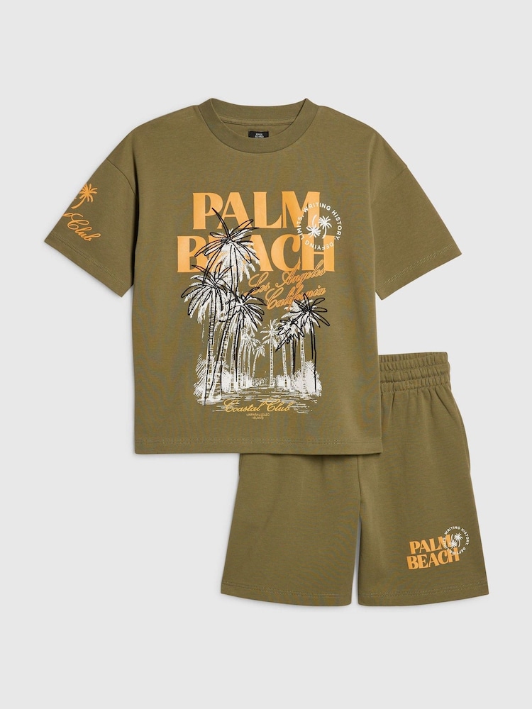 River Island Green Oversized Palm Beach Graphic T-Shirt & Shorts Set - Image 1 of 4