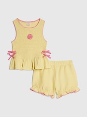 River Island Yellow Shirred Peplum Bow Top & Frill Shorts Set - Image 1 of 5
