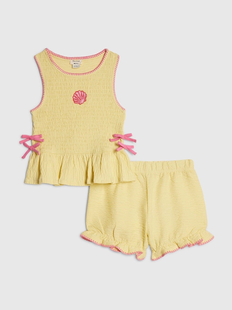 River Island Yellow Shirred Peplum Bow Top & Frill Shorts Set - Image 1 of 5