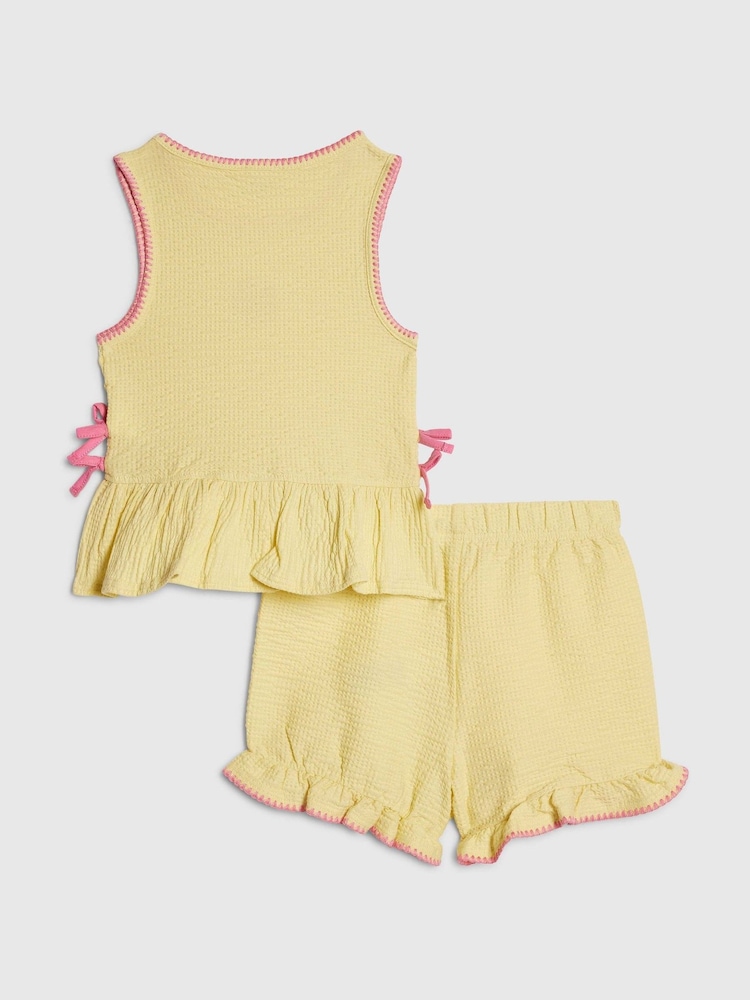 River Island Yellow Shirred Peplum Bow Top & Frill Shorts Set - Image 2 of 5