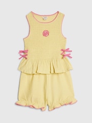 River Island Yellow Shirred Peplum Bow Top & Frill Shorts Set - Image 3 of 5
