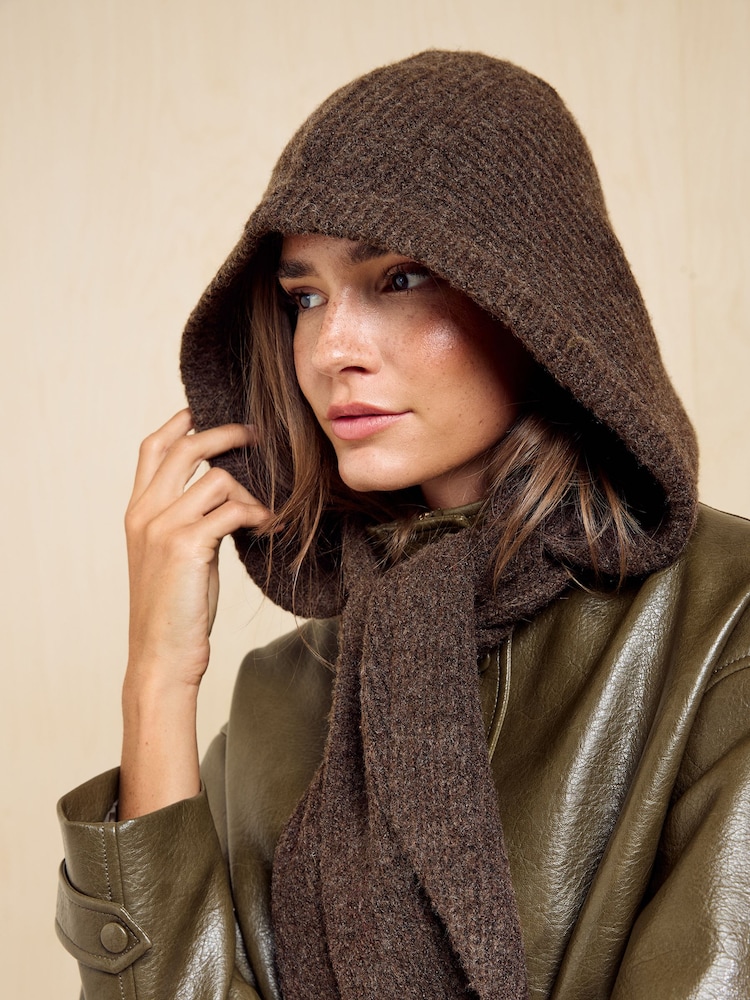 Friends Like These Brown Cosy Ribbed Hooded Scarf - Image 2 of 7 Friends Like These Brown Cosy Ribbed Hooded Scarf - Image 2 of 7