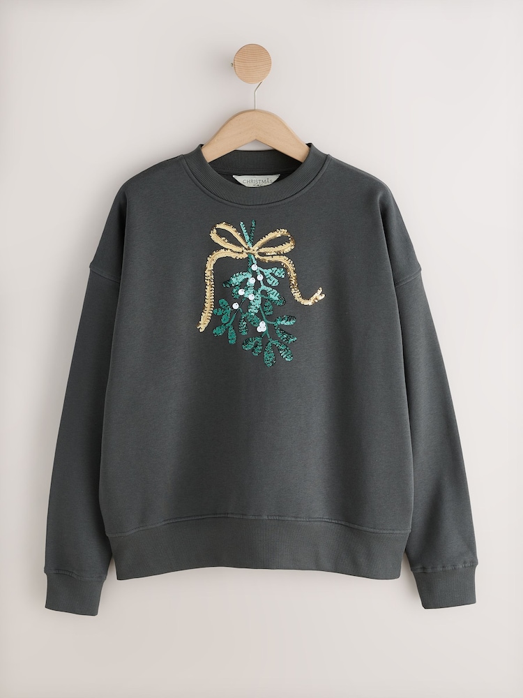 Charcoal Grey Mistletoe Christmas Sweatshirt - Image 1 of 3 Charcoal Grey Mistletoe Christmas Sweatshirt - Image 1 of 3