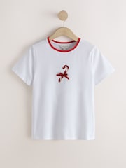 Ecru Christmas Candy Cane Graphic Ringer Short Sleeve T-Shirt - Image 1 of 3