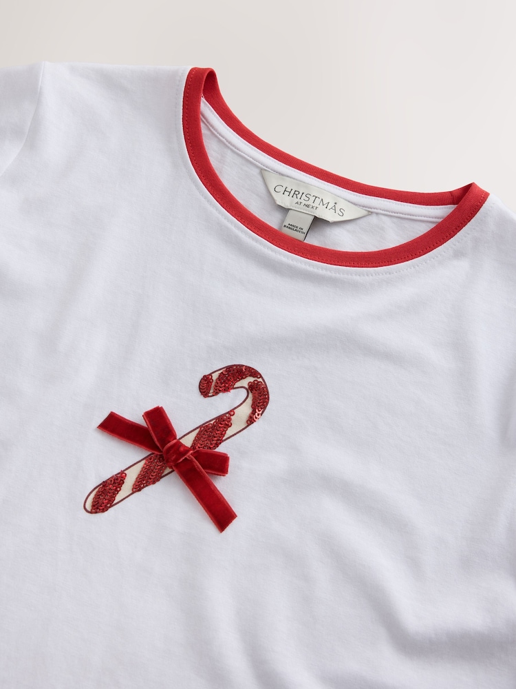 Ecru Christmas Candy Cane Graphic Ringer Short Sleeve T-Shirt - Image 3 of 3 Ecru Christmas Candy Cane Graphic Ringer Short Sleeve T-Shirt - Image 3 of 3