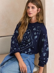 Navy Paisley Crew Neck Long Sleeve Top - Image 1 of 5