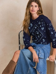 Navy Paisley Crew Neck Long Sleeve Top - Image 3 of 5