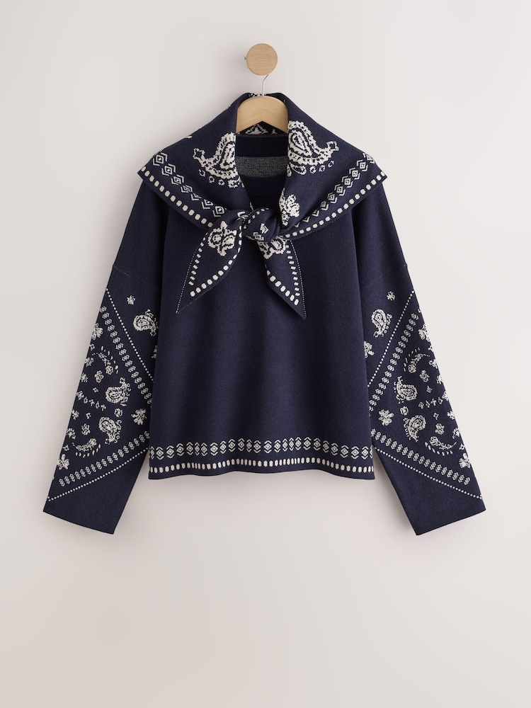 Navy Blue Paisley Scarf Detail Knit Look Jumper - Image 1 of 3