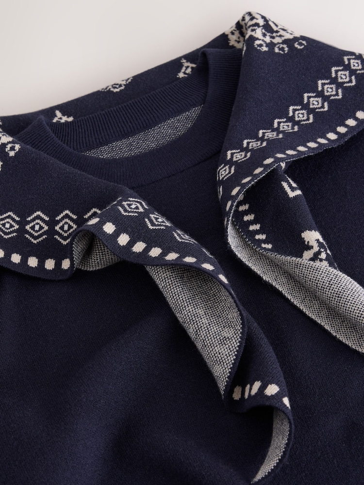 Navy Blue Paisley Scarf Detail Knit Look Jumper - Image 3 of 3