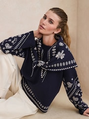 Marineblau/blau - Paisley Scarf Detail Knit Look Jumper - Bild 5 von 9