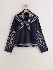 Marineblau/blau - Paisley Scarf Detail Knit Look Jumper - Bild 7 von 9