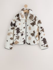 Monochrome Cow Print Sheepy Borg Zip Through Jacket - Image 1 of 3