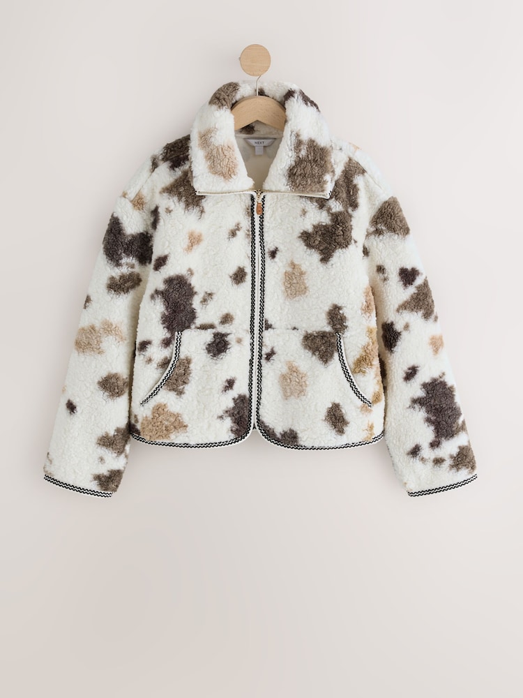 Monochrome Cow Print Sheepy Borg Zip Through Jacket - Image 1 of 3