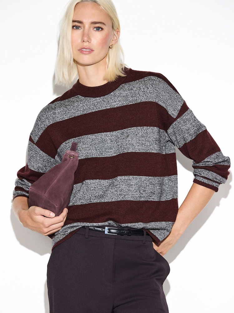 Grey/Burgandy Striped Striped Knit Look Crew Neck Jumper - Image 1 of 7