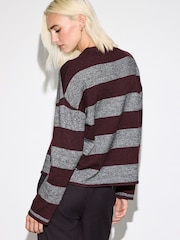 Grey/Burgandy Striped Striped Knit Look Crew Neck Jumper - Image 3 of 7