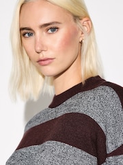 Grey/Burgandy Striped Striped Knit Look Crew Neck Jumper - Image 4 of 7