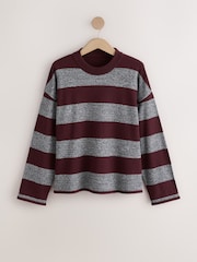 Grey/Burgandy Striped Striped Knit Look Crew Neck Jumper - Image 5 of 7