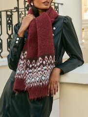 Love & Roses Burgundy Red Fairisle Embelished Brushed  Scarf - Image 2 of 6