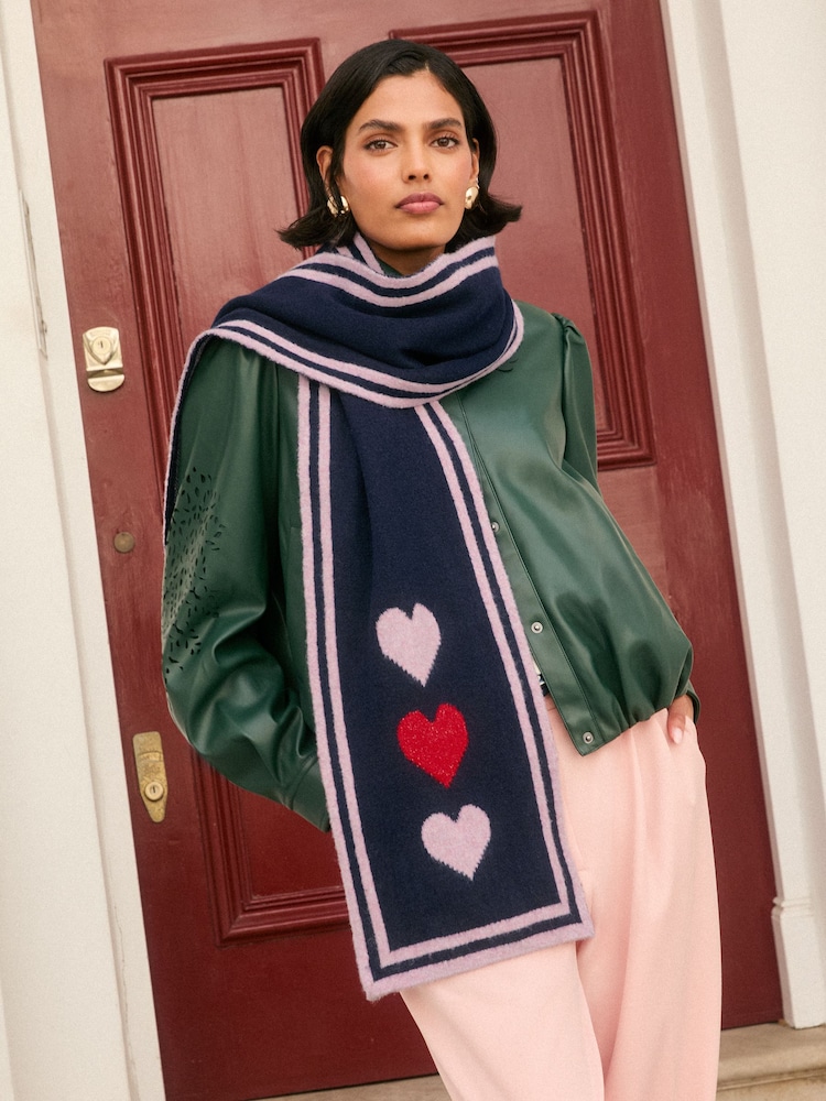 Love & Roses Navy Heart Print Knitted Scarf - Image 1 of 6