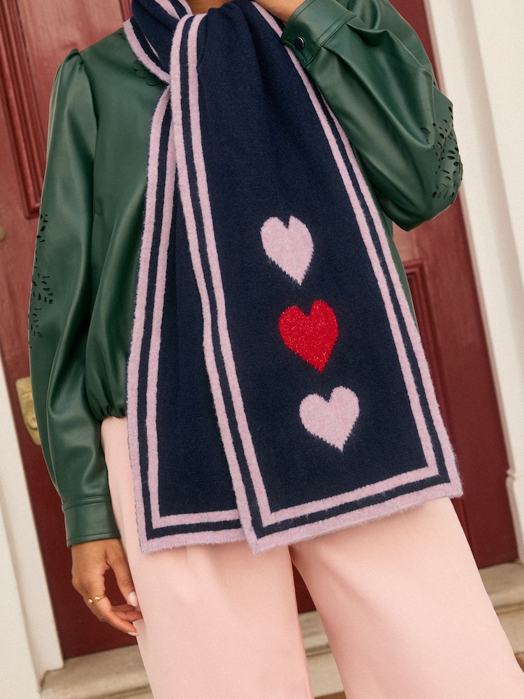 Love & Roses Navy Heart Print Knitted Scarf - Image 2 of 6