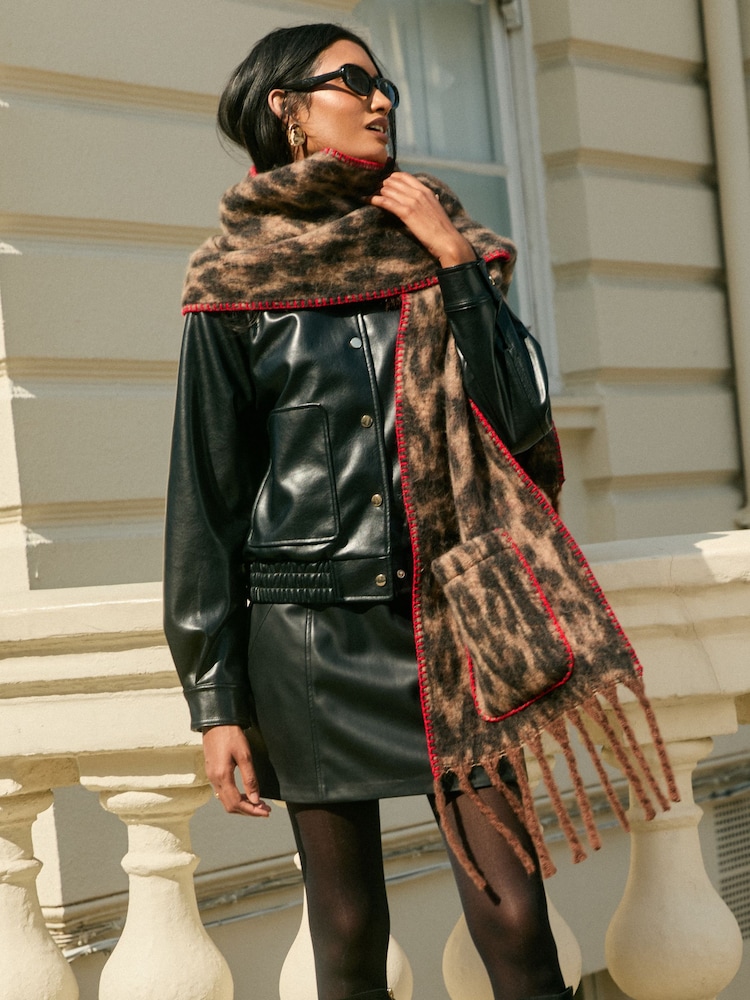 Love & Roses Leopard Print Brsuhed Scarf with Pockets - Image 1 of 3
