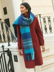 Love & Roses Teal Blue Check Oversized Brushed Scarf - Image 1 of 7